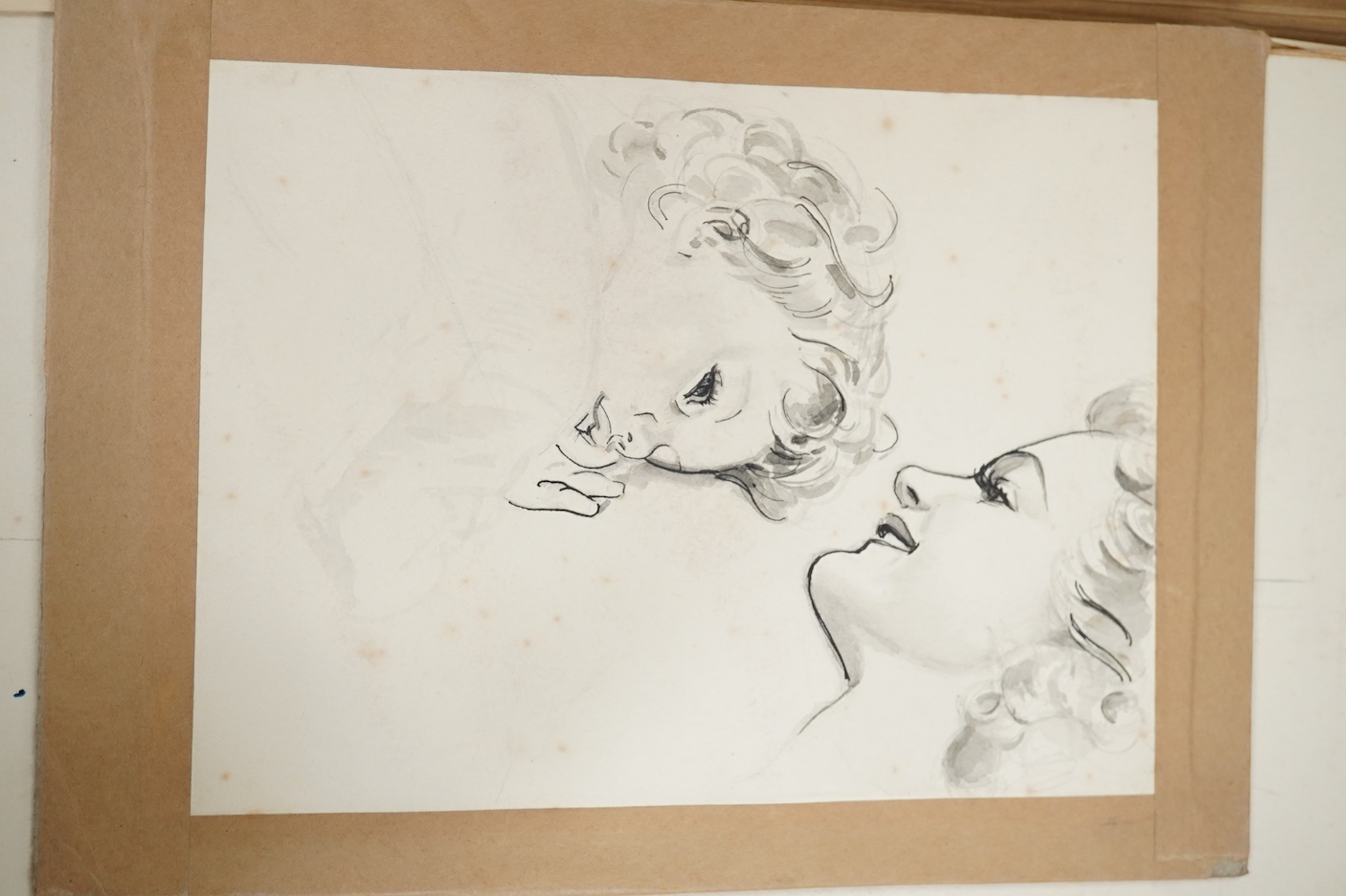 Eileen Brooks (20th. C), folio of works to include ink, pencil and watercolour sketches, Humorous children and figures, unframed